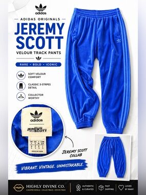 Adidas Originals x Jeremy Scott Blue Velour Track Pants Size Small Rare Collab